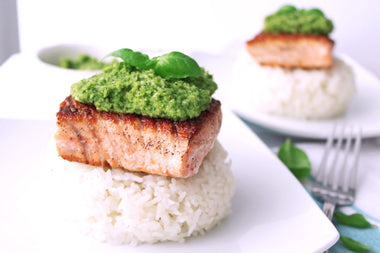 Roasted Salmon + Spinach Pesto Rice