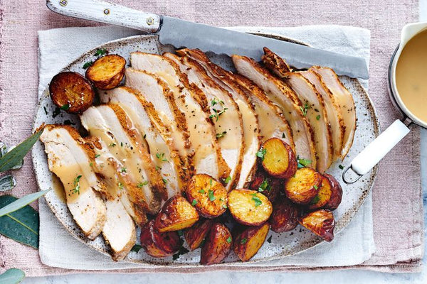 Brown Butter Turkey with Roasted Sweet Potatoes + Brussels