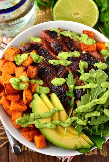 Steak Sweet Potato Quinoa Bowls (w/ side of Avocado Cilantro Aioli)