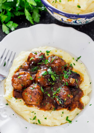 Salisbury Meatballs over Chunky Mash